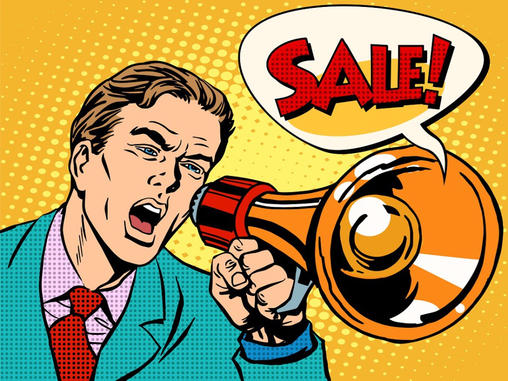 Agitator with megaphone announces sale